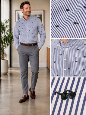 Brooks Brothers 1818 Regent Fit Blue White Stripe Sunglasses Button Down Shirt L